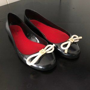 Kate Spade “Juliana Too” Womens Black Jelly Rain Flat w/White Rope Bow Size 10